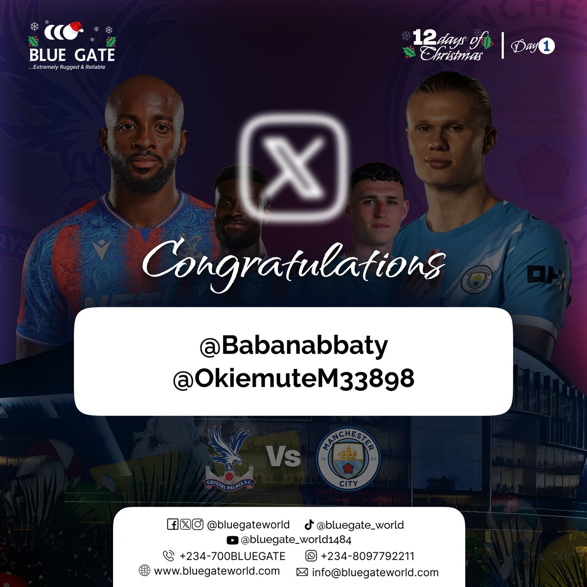 bluegateworld's tweet photo. Congratulations!
1. @Babanabbaty
2. @OkiemuteM33898
Your prediction of 0:3 for Crystal Palace against Man City was spot on; you’ve earned yourself a prize in the #BLUEGATE12DaysOfChristmas freebies
Kindly send us a DM to claim your prize
#TwoRandomWinners #BLUEGATE #DettyDecember https://t.co/sQYfOmuye2