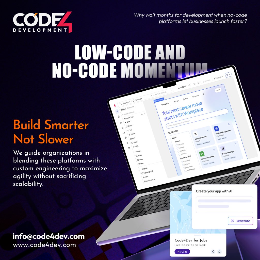 Code4DevX's tweet photo. Low-code and no-code platforms help businesses launch faster by enabling rapid innovation without technical bottlenecks.

At Code4Dev, we combine these tools with custom engineering to deliver agility without compromising scalability.

🌐 https://t.co/TGImHjrVbC https://t.co/BnMHatP3bx