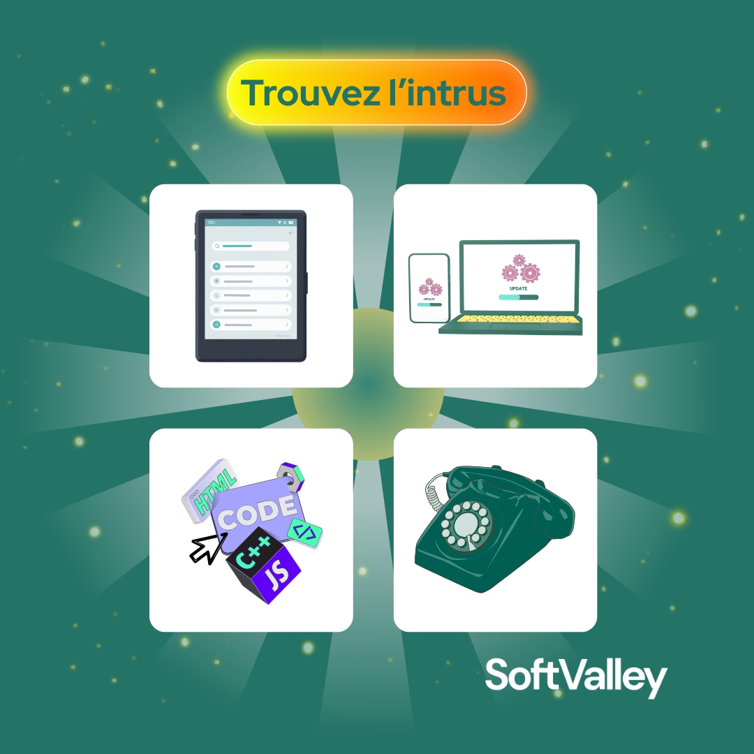 SoftvalleySN's tweet photo. Trouvez l’intrus !
Parmi ces 4 éléments : 🖥️ Interface | 📱 Application | 💻 Programmation | ☎️ Téléphone fixe
Un seul n’est pas directement lié au logiciel.
À votre avis, lequel est l’intrus ?
#SoftValleyDakar #JeuInteractif #TrouvezLintrus #Logiciel #Tech #SenegalTech https://t.co/bT1DSLgdSh