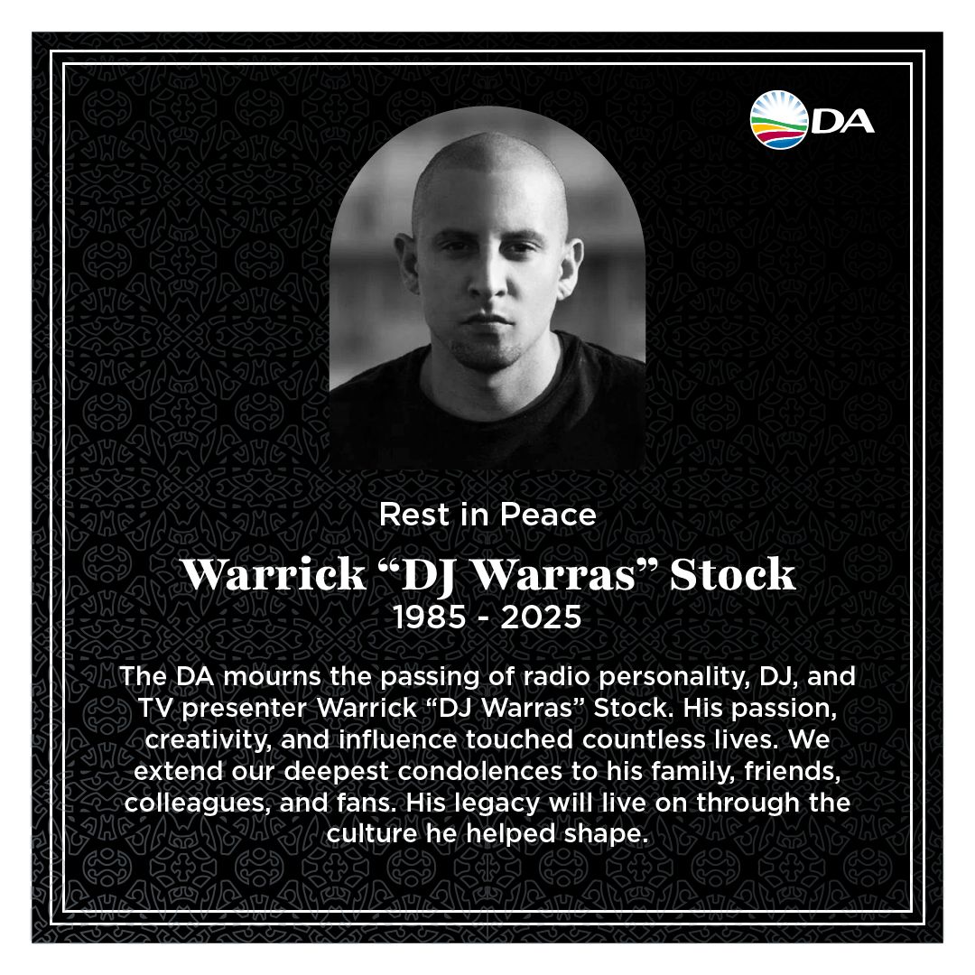🤍🕊️The DA extends heartfelt condolences to the family, friends, colleagues, and fans of radio personality, DJ &amp; TV presenter Warrick "DJ Warras" Stock, whose passion and creativity touched countless lives. His legacy will continue to live on through the culture he helped shape.