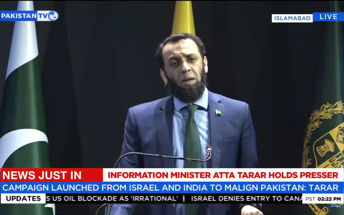 PakTVGlobal's tweet image. Information Minister Attaullah Tarar holds a media briefing on the false campaign launched against Pakistan following Sydney's Bondi Beach attack.
@TararAttaullah 
@MoIB_Official 
#SydneyAttack #bondiattack #misinformation #indiapropaganda #Pakistan #PakistanTV #PakistanTVGlobal
