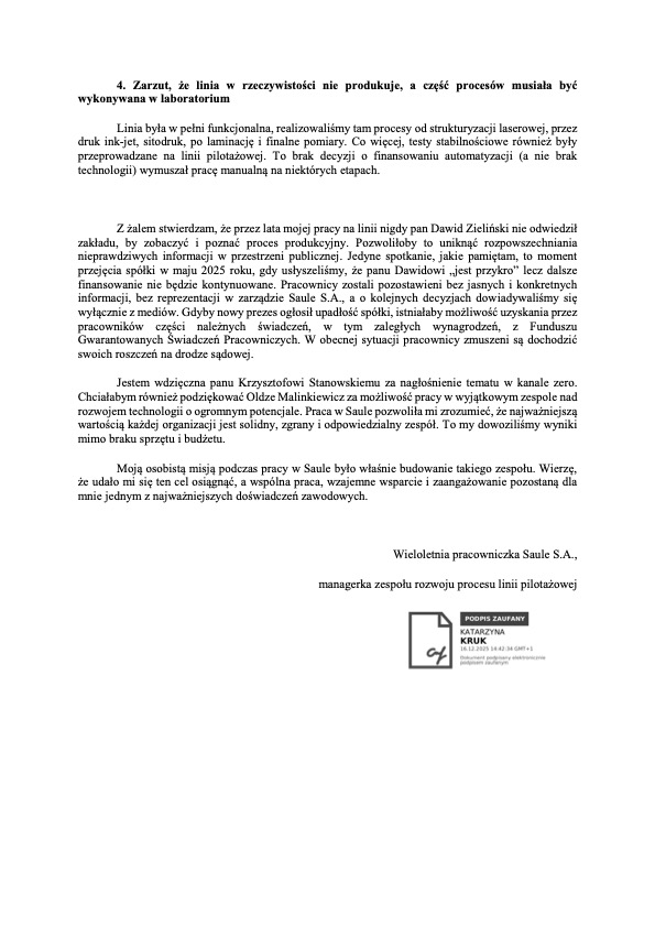 WIELOLETNI PRACOWNIK SAULE KATARZYNA KRUK OBALA KŁAMSTWA DAWIDA ZIELIŃSKIEGO O SAULE

LONG-TERM SAULE EMPLOYEE KATARZYNA KRUK DEBUNKS DAWID ZIELIŃSKI'S LIES ABOUT SAULE
[ENGLISH VERSION BELOW]

Moi drodzy,

Katarzyna Kruk, menadżerka zespołu linii produkcyjnej Saule, obala