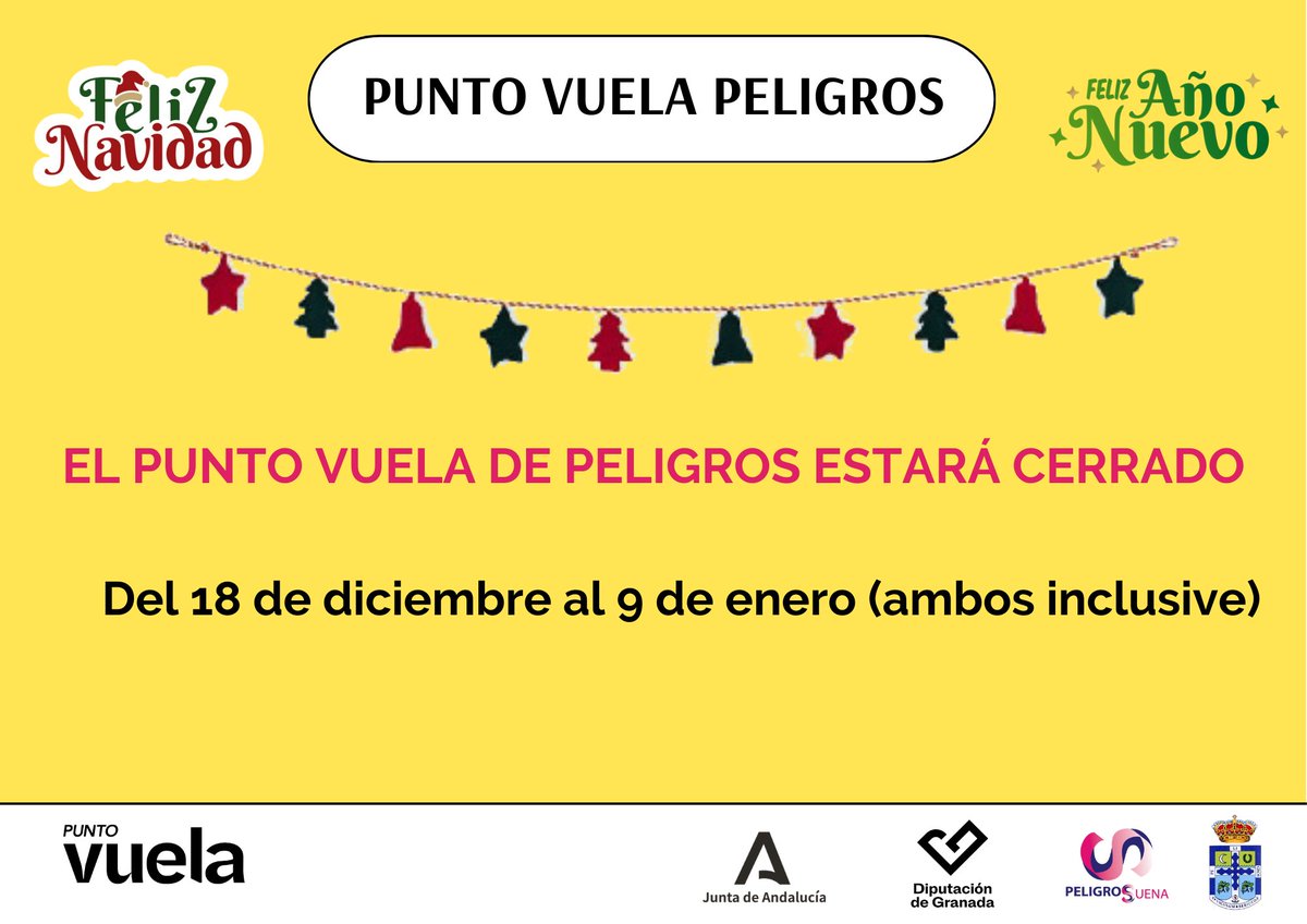 El Punto Vuela de Peligros permanecerá cerrado del 18 de Diciembre de 2025 al 9 de enero de 2026 (ambos inclusive). Disculpen las molestias
¡Feliz Navidad y Feliz Año 2026!!!!🎉🎊
<a href="/PeligrosSuena/">Ayuntamiento de Peligros</a>