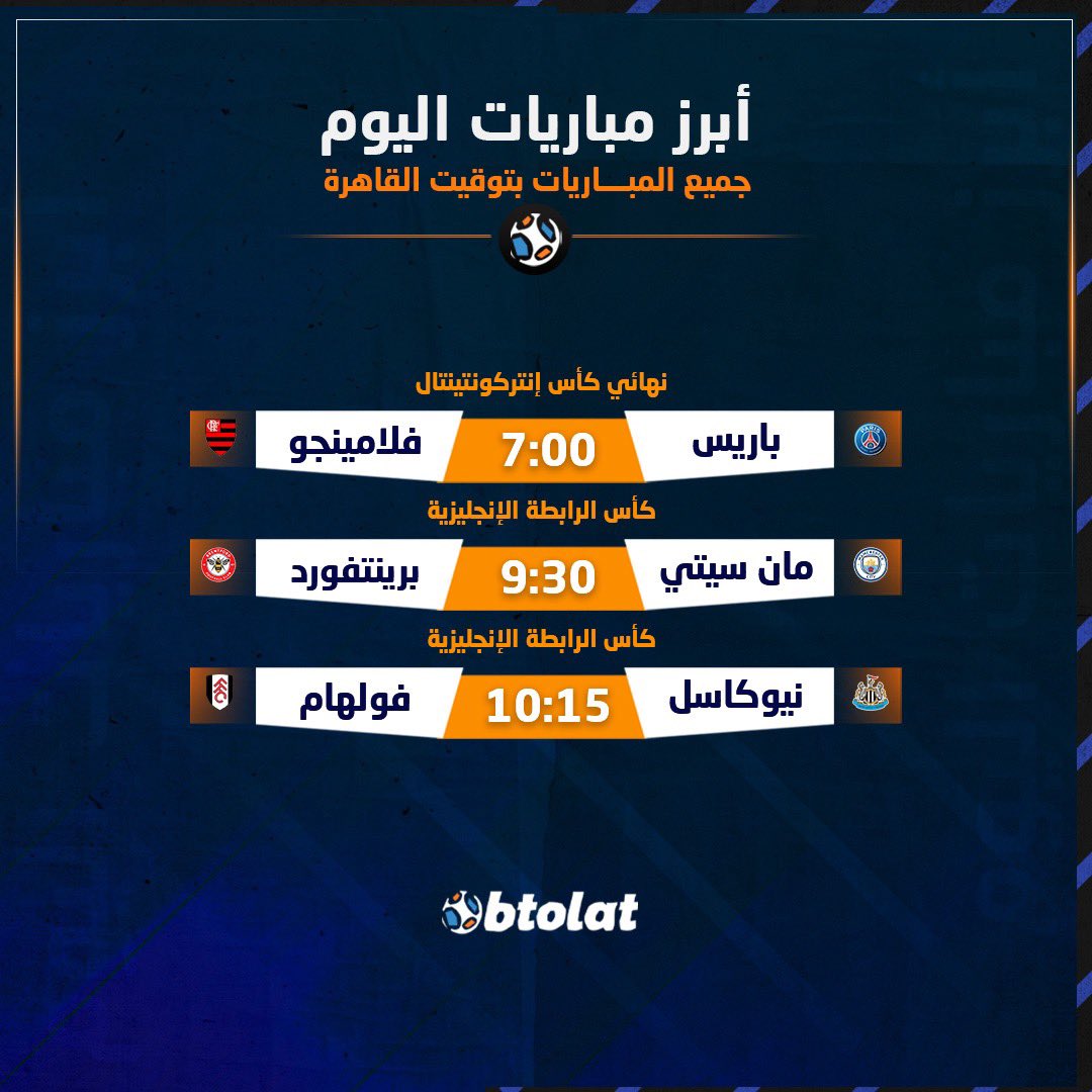 أبرز مباريات اليوم - نهائي إنتركونتيننتال بين باريس وفلامينجو - السيتي في مواجهة برينتفورد في كأس الرابطة 