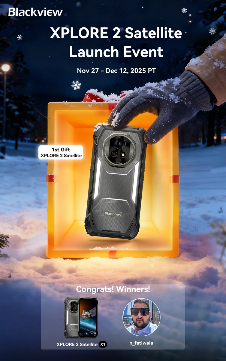 BlackviewPhone's tweet image. Congrats to our XPLORE 2 Satellite Launch Event winner 🎉

🏆 Winner:
@n_fatiwala

Thanks for joining the adventure!
Your XPLORE 2 Satellite Edition will be arranged for shipment soon. 📦
Stay tuned—more excitement is coming!

#Blackview #XPLORE2 #SatellitePhone #Giveaway