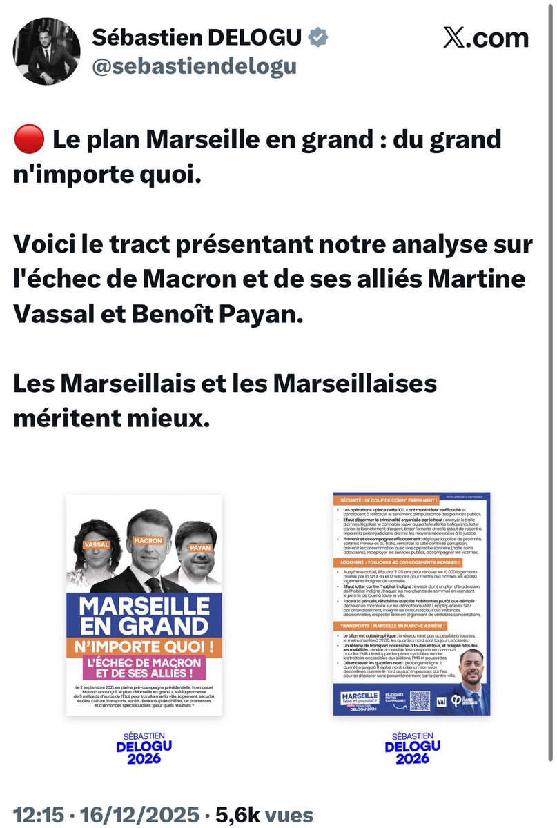 Mettre un = entre <a href="/MartineVassal/">Martine Vassal</a> et <a href="/BenoitPayan/">Benoît Payan</a>, n’a qu’un seul objectif : faire oublier le risque <a href="/franckallisio/">Franck Allisio</a>. 
Le Plan Marseille en grand n’avait qu’un seul objectif : <a href="/marseille/">Ville de Marseille</a>. 
Les Marseillais.es ne méritent pas que l’on livre la ville à l’extrême-droite.