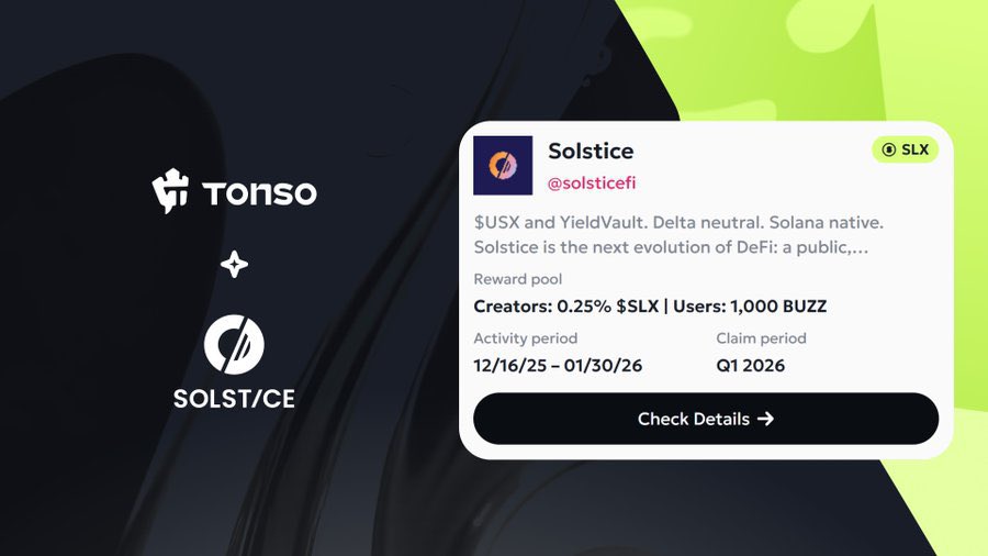 Quick alpha!
Cost: $0
Time: 1min

First ever InfoFi on TG and Signal Network is live with + in rewards!

@Solsticefi is teaming up with Tonso; the first-ever InfoFi on Telegram to reward creators with 0.25% of the $SLX supply if launched at a good FDV that’s over $1,000,000.

How