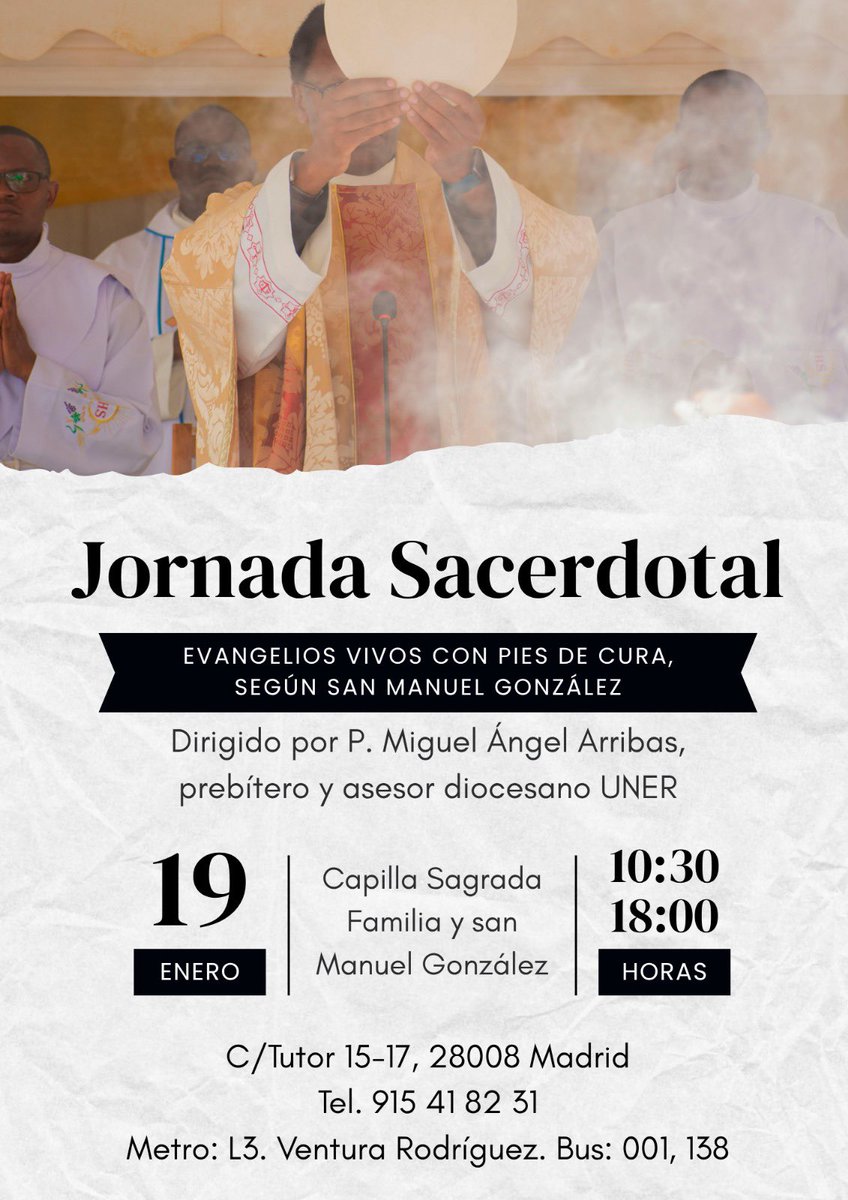 Jornada Sacerdotal en torno a #SanManuelGonzález #UNER #Madrid 19 enero 2026 <a href="/architoledo/">Archidiócesis de Toledo</a> <a href="/eucaristicas/">M.E.N.</a> <a href="/eucaristizando_/">F.E.R</a> <a href="/sanmanuelg/">San Manuel Gonzalez</a> <a href="/pmanuelgonzalez/">San Manuel Gonzalez</a> <a href="/IglesiaPalencia/">Diócesis de Palencia</a> <a href="/Archisevilla1/">Archidiócesis de Sevilla</a> <a href="/DiocesisMalaga/">Diócesis de Málaga</a> <a href="/DiocesisHuelva/">Diócesis de Huelva</a> <a href="/granitodigital/">EGDA</a> <a href="/riedigital/">Revista Rie</a> <a href="/aciprensa/">ACI Prensa</a> <a href="/EWTNespanol/">EWTN ESPAÑOL</a> <a href="/Confepiscopal/">ConferenciaEpiscopal</a>