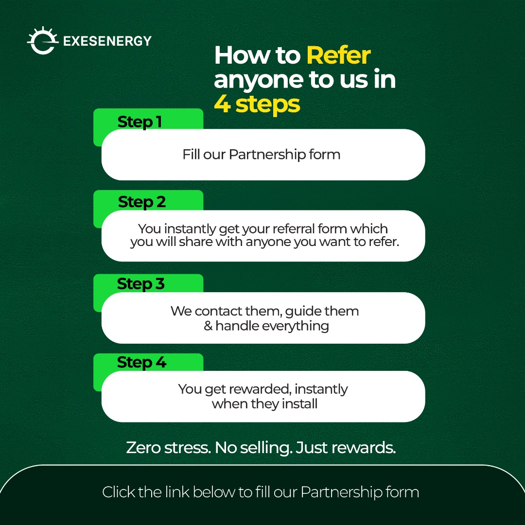 The December Referral Challenge is LIVE!

Think your network is strong?

Let’s see 👀

This month, when you refer new customers to Exesenergy, you stand a chance to win:

🥇 ₦500,000 CASH
🥈 Solar Freezer
🥉 Laptop

And guess what?

Every referral still earns you money or gifts