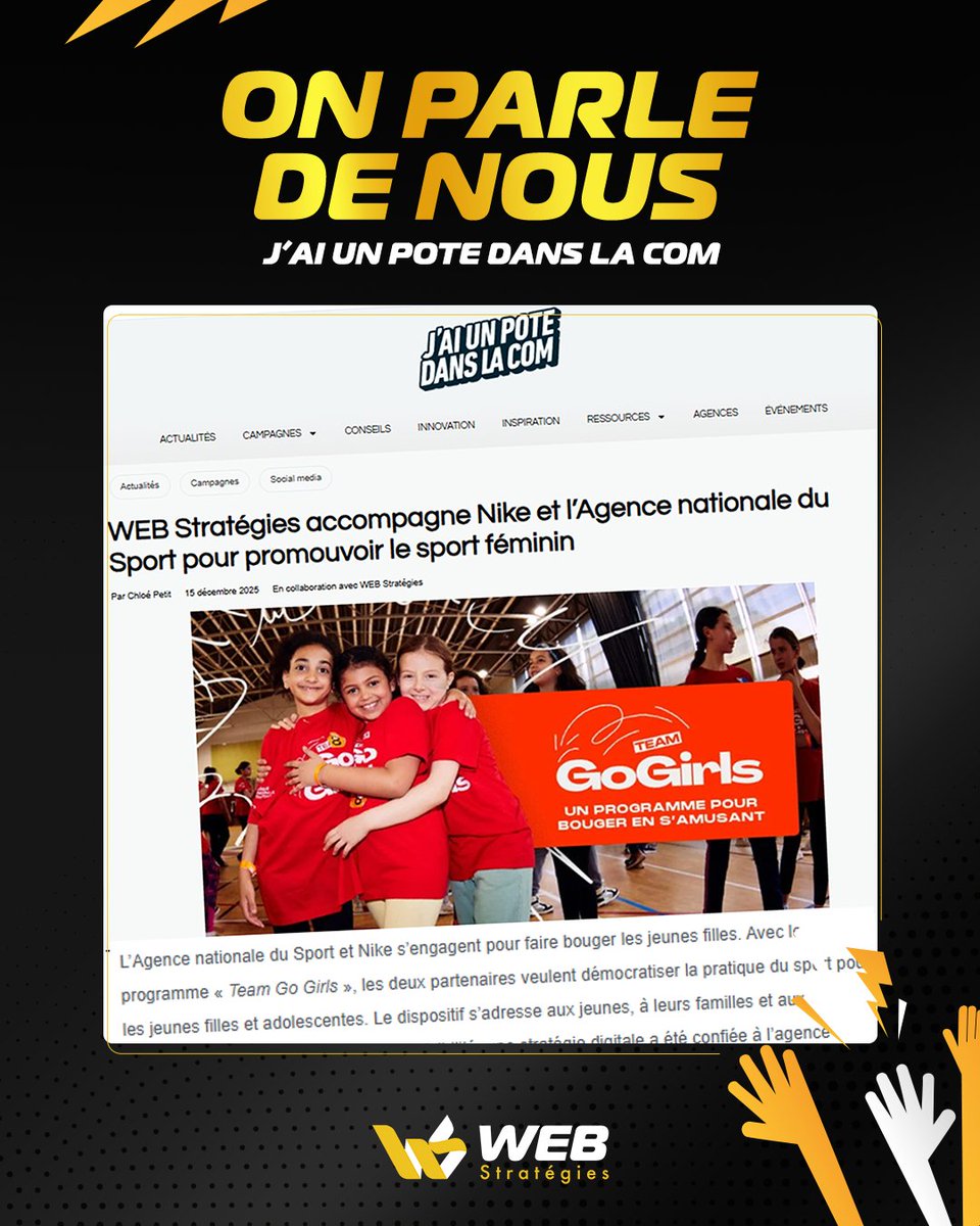 On parle de nous, avec Team Go Girls 🧡

L’@Agence_du_Sportet et <a href="/Nike/">Nike</a> s’engagent en faveur de la pratique sportive chez les jeunes filles 👧🏻

Fière d’accompagner ce dispositif depuis près d’un an, WEB Stratégies contribue à la stratégie digitale➡️ bit.ly/3MOm4yB