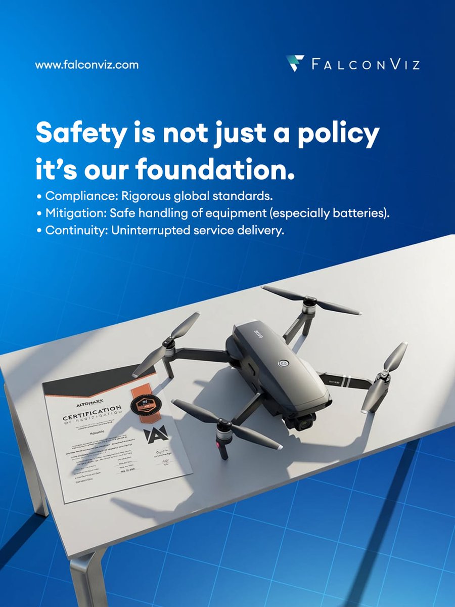 At FalconViz, we assure our stakeholders and partners that all operations adhere to strict ISO 21384-3 standards and robust contingency plans.

​Trust built on preparation.
📧info@falconviz.com
📲+966 (0) 12 808-3744
🌐falconviz.com
#SafetyFirst #Compliance #FalconViz