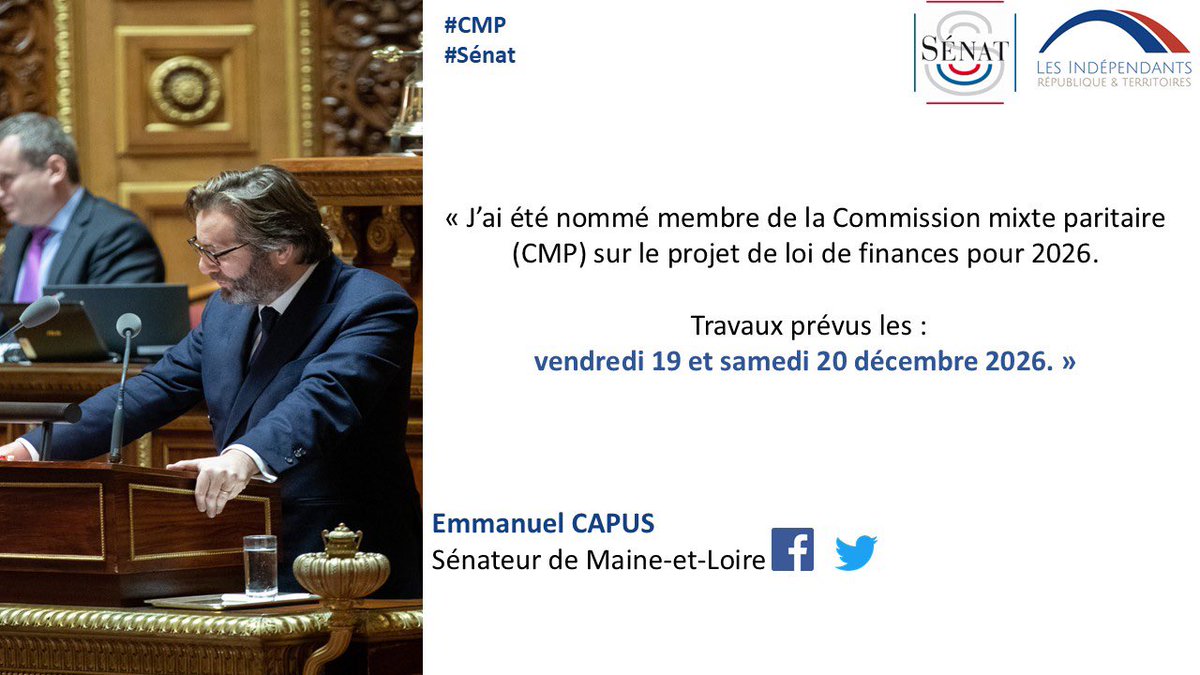 EmmanuelCapus's tweet image. #PLF2026 #CMP

J’ai été nommé membre titulaire de la commission mixte paritaire chargée de proposer un texte sur le projet de loi de finances pour 2026.

Les travaux sont prévus les vendredi 19 et samedi 20 décembre.