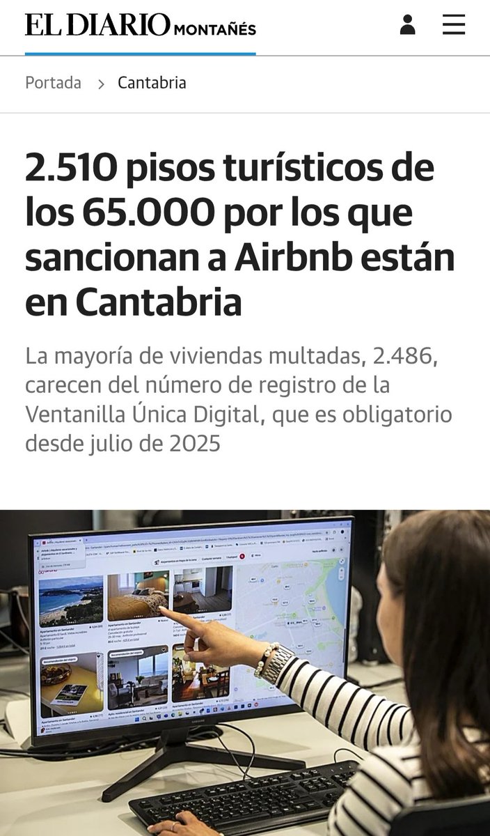 "Cantabria sigue a la cola de vivienda social, pero a la cabeza de pisos turísticos que no cumplen ni con la normativa más básica. 400 pisos sociales frente a 2510 apartamentos turísticos sancionados."Regulación YA! Vivienda para tod@s antes que rentismo para un@s poc@s!