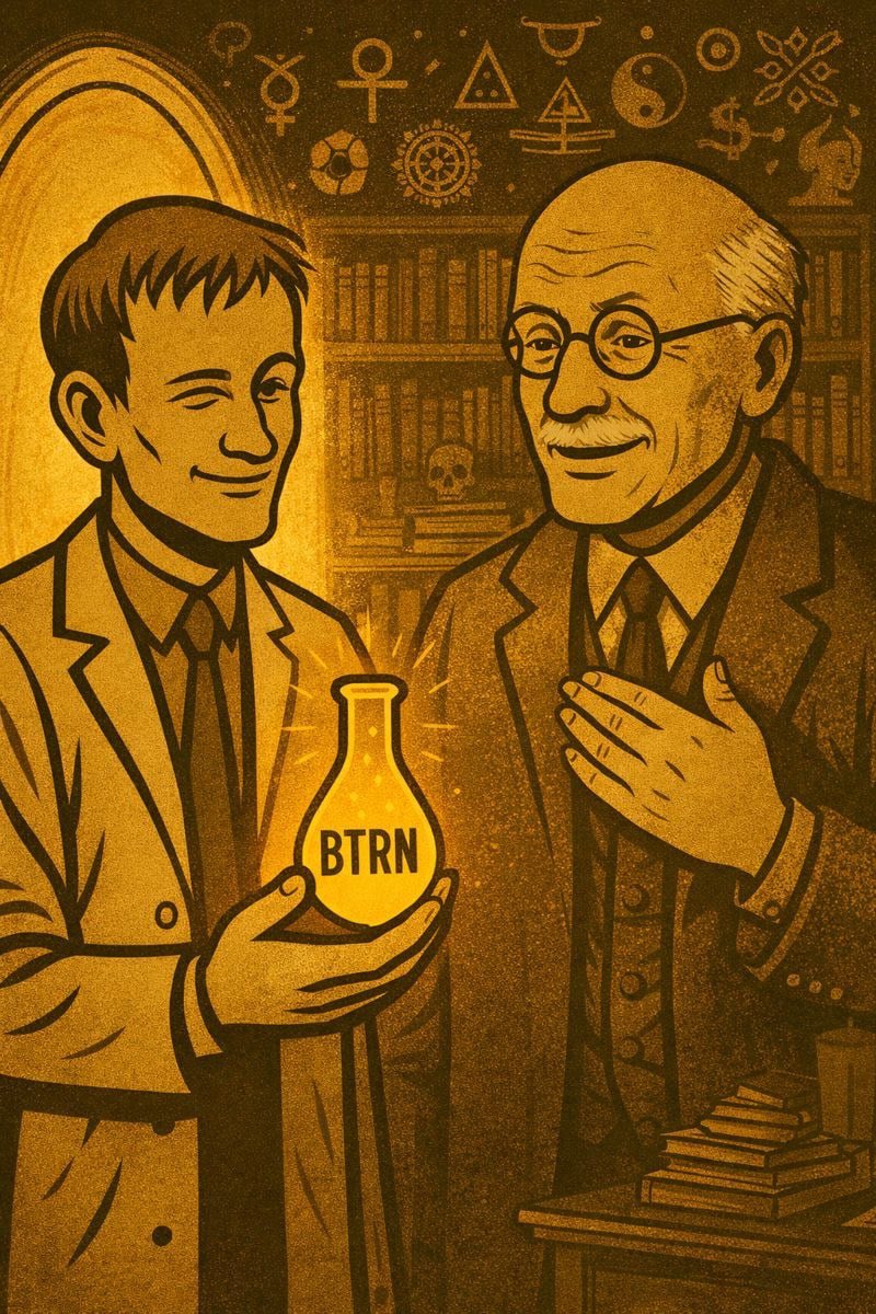 buteriniumBTRN's tweet image. 🧠 Day 36— Buterin Meets Carl Jung

1️⃣ Post — Into the Collective Mind

A Buterinium portal opened inside Carl Jung’s study — books, symbols everywhere. 📚✨

Buterin stepped in holding a test tube of glowing yellow Buterinium. 💛🧪

Jung looked at it and said calmly:
“This isn’t…