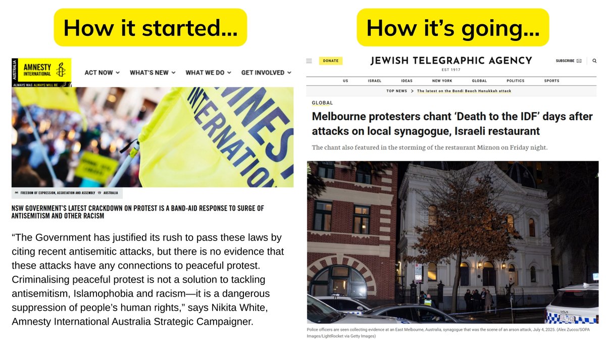 The Hanukkah massacre at Bondi Beach, where 15 people were murdered and many more injured, marks the worst violence targeting Jews in Australia’s history.

<a href="/amnestyOz/">Amnesty International Australia 🕯</a> consistently opposes practical measures for protecting Australian Jews, much like <a href="/amnesty/">Amnesty International</a> in other countries,