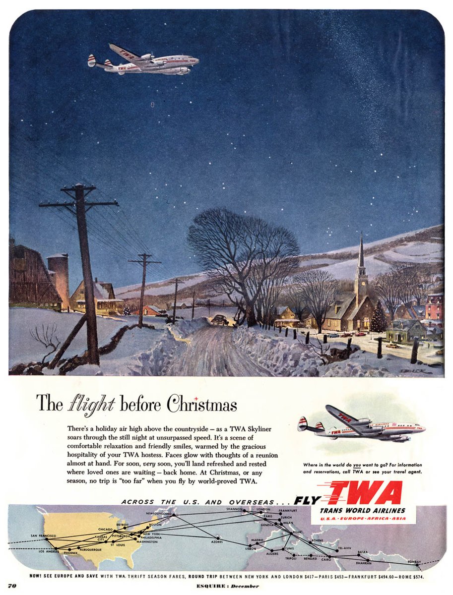 LRonLacy's tweet photo. ‘… It’s a scene of comfortable relaxation and friendly smiles, warmed by the gracious hospitality of your TWA hostess. …’
TWA Trans World Airlines
*Esquire*, December. 1950s.
#PeterHelck #airlines #TWA #Christmas #Holidays #ChristmasTravel #HolidayTravel #AirTravel #1950s https://t.co/RhM65EkEGv