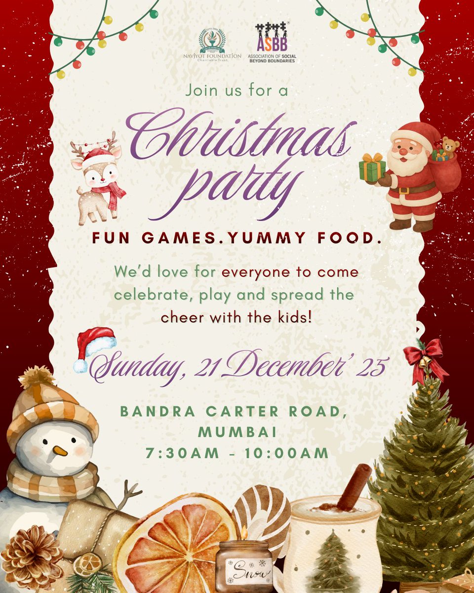 Join us for a Christmas Party that’s all about smiles, laughter and little moments of joy!
This invite is for everyone.
📅 21st December’25
🕢 7:30 AM – 10:00 AM
📍 Carter Road, Bandra
For more detials contact 
Sankit Mehta +91 99202 76054