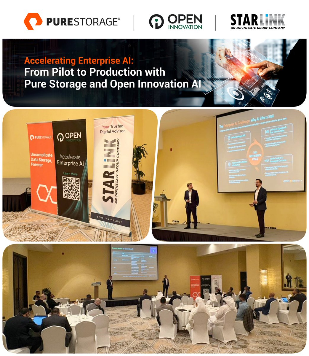 StarLinkVAD's tweet image. Scaling AI from Vision to Reality!
It was a privilege to host our recent customer event in #AbuDhabi, alongside with @PureStorage and #OpenInnovationAI.
Thank you to our #customers for their participation, and to our expert speakers for their brilliant insights.
#PureStorage #AI