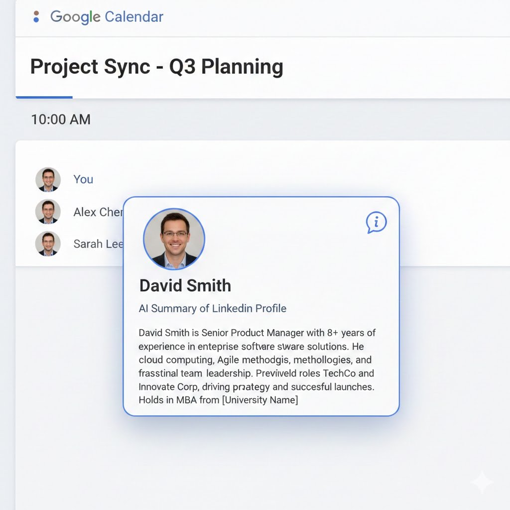 פיצ׳ר שחסר לי ב google calendar - ליד כל משתתף בזימון, שים לי אפשרות לראות מי הבנאדם (מעיין סיכום של ה LinkedIn שלו).

עולה היום בערב לאיזה roundtable ואני צריך לעבור אחד אחד על המשתתפים לראות מי הם כמו איזה פאלאח.