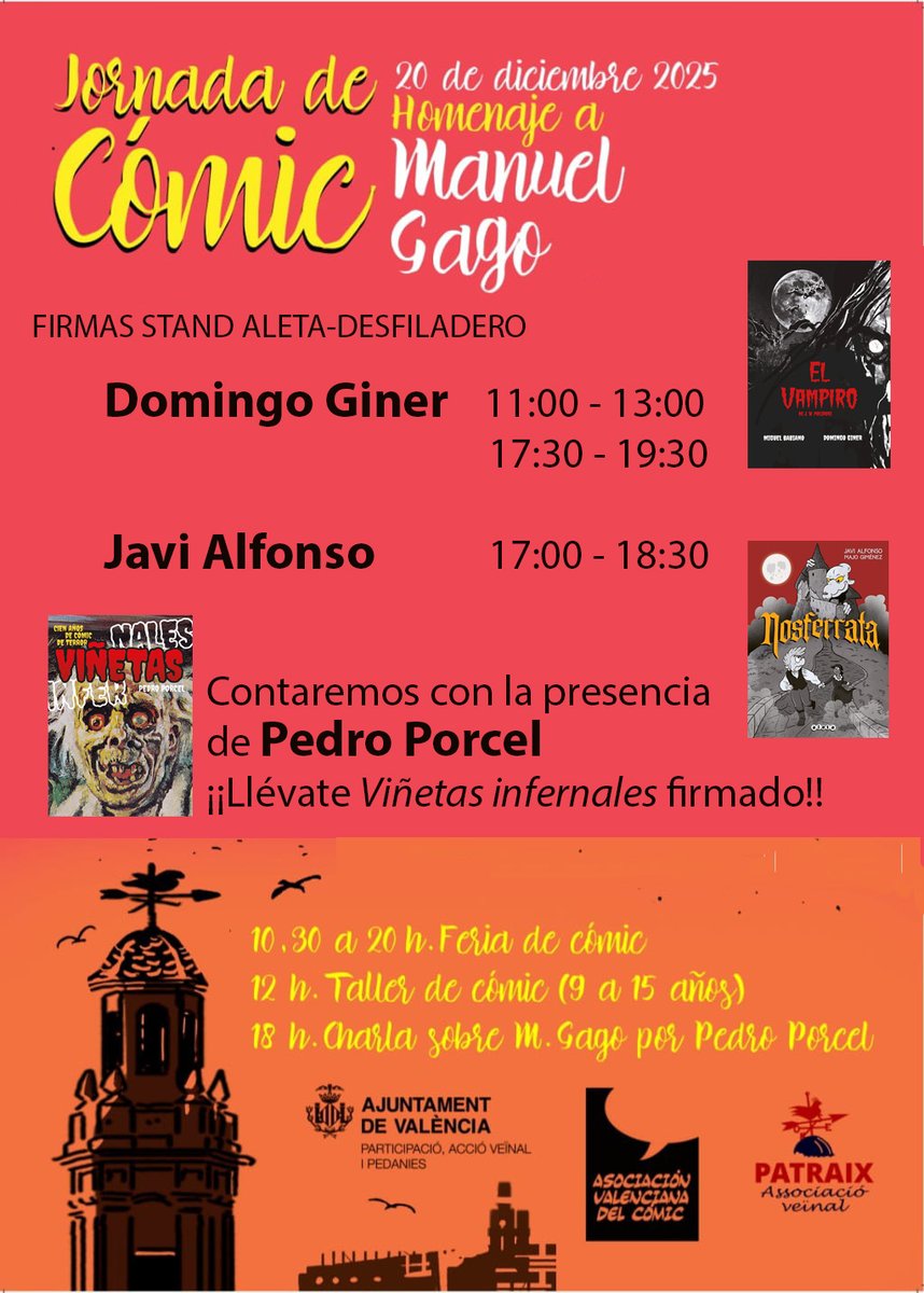 Firmas de autores este sábado 20 en la Jornada de Cómic Homenaje a Manuel Gago, Plaza de Patraix
-Domingo Giner
- Javi Alfonso (Nosferrata, Catbeth, Historia il·lustrada de València)
¡Te esperamos!
#ComicValencia #ManuelGago #FirmasDeAutores #Patraix #ComicEspañol