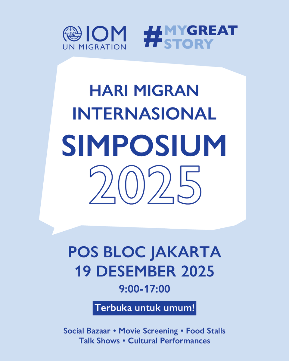 IOMIndonesia's tweet photo. 🌍 Siap rayakan Hari Migran Internasional! IMD 2025 hadir dengan mini talk show, pemutaran film pendek, social bazaar &amp; pertunjukan budaya.

📍 Pos Bloc Jakarta | 📅 19 Des 2025 | ⏰ 09.00–17.00

Acara terbuka untuk umum!

#IMD2025 #MyGreatStory #HariMigranInternasional https://t.co/yekyt8DJUs