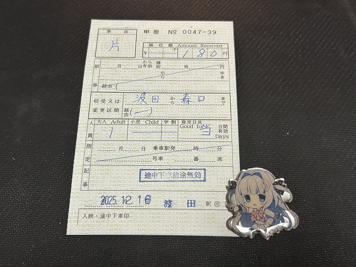 16日に購入した乗車券 区間 波田→森口 経由 --- 発行 波田 入鋏 なし