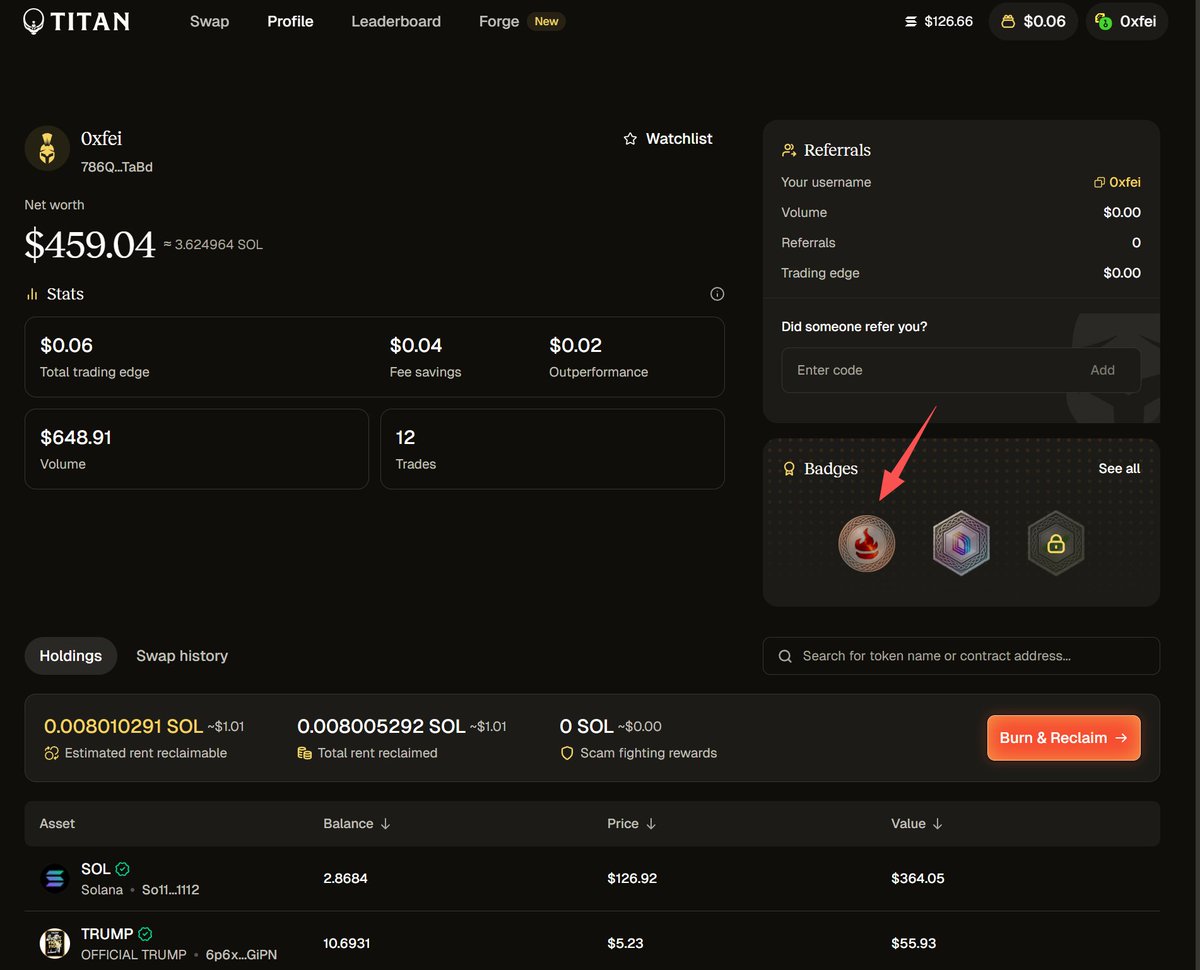 TITAN的免费徽章领取

昨天Solana上的DEX聚合器 <a href="/Titan_Exchange/">Titan</a> 推出了熔炉功能，通过它关闭你钱包中的空代币账号以及诈骗代币能够赎回SOl租金。

我用SEEKER钱包关闭了几个空代币账号收到了1U的SOl，如果你的垃圾币多点能赎回更多SOl

另外使用一次这个功能还能免费解锁一个泰坦徽章👇👇