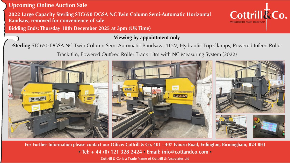 📆 Online #Auction Sale - 18 Dec 2025 - 2022 Large Capacity Sterling STC650 DGSA NC Twin Column Semi-Automatic Horizontal Bandsaw  #cnc #EngineeringUK #engineering #ukmfg #usedmachines #manufacturinguk #manufacturing

Link to Auction: cottandco.com/en/lots/auctio…