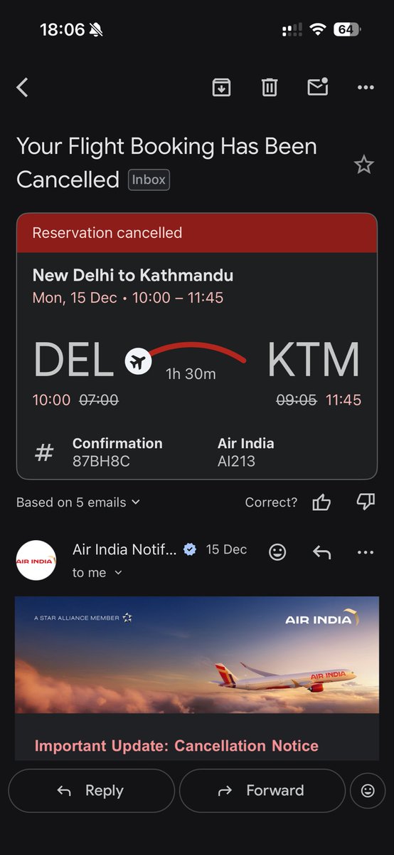 mrvinodbhati's tweet photo. @goibibo @airindia @DGCAIndia @MoCA_GoI

Flight AI213 (DEL–KTM) was CANCELLED by Air India.
I did NOT cancel it.

Paid ₹5193 (₹5093 via card)
Refund received: ₹2419 only.

Airline cancellation.
As per DGCA rules, FULL refund incl. convenience fee is mandatory.
Please resolve. https://t.co/c1UccSPRvp