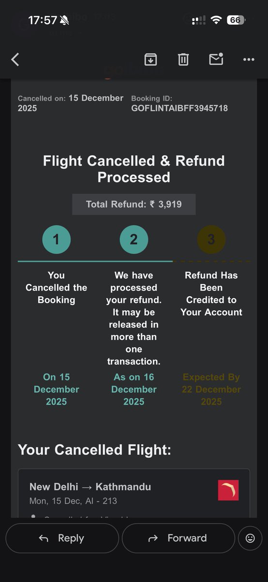 mrvinodbhati's tweet photo. @goibibo @airindia @DGCAIndia @MoCA_GoI

Flight AI213 (DEL–KTM) was CANCELLED by Air India.
I did NOT cancel it.

Paid ₹5193 (₹5093 via card)
Refund received: ₹2419 only.

Airline cancellation.
As per DGCA rules, FULL refund incl. convenience fee is mandatory.
Please resolve. https://t.co/c1UccSPRvp