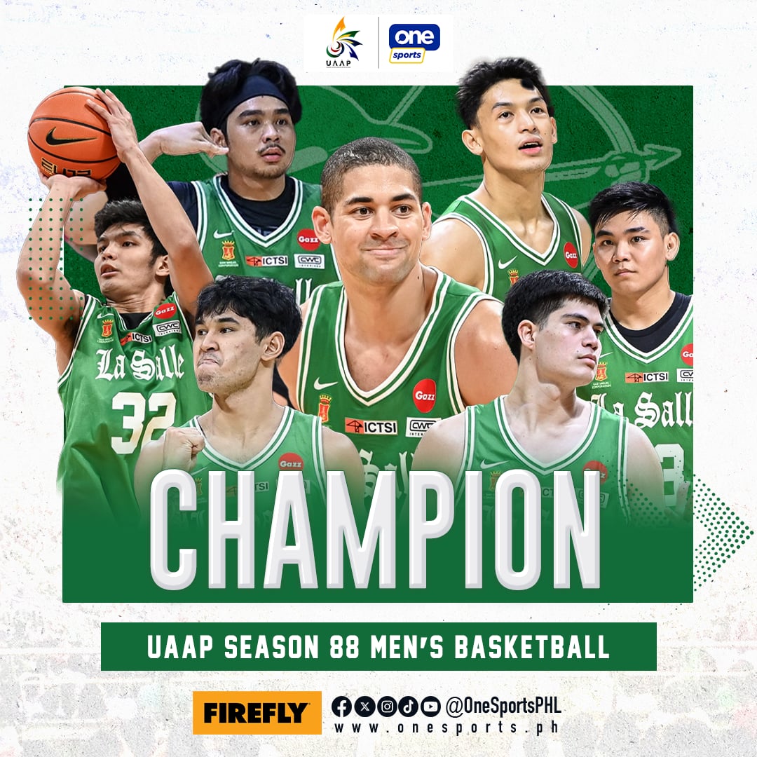 OneSportsPHL's tweet image. REDEMPTION TARGET: SUCCESS ✅🏆

The DLSU Green Archers dethrone the UP Fighting Maroons to reclaim the crown after seizing the victory in their Finals Game 3 at the UAAP Season 88 Men’s Basketball Tournament!

#FireflyMoments #Firefly #UAAPSeason88 #LegendsStartHere