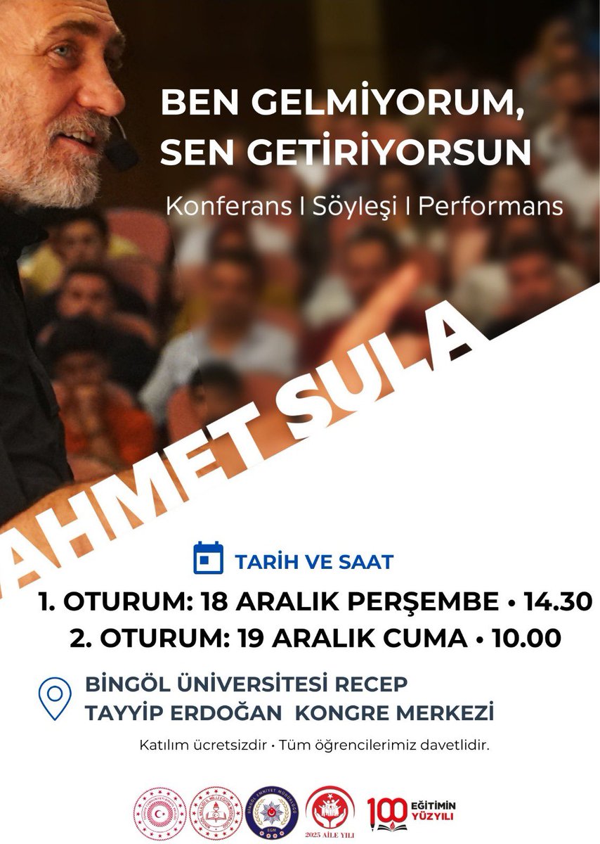🇹🇷 Türkiye Yüzyılı Maarif Modeli vizyonuyla; değerlerine bağlı, sorumluluk alan ve erdemli–yetkin bireyler yetiştirme hedefiyle gençlerimizi ilham veren buluşmalarla destekliyoruz. 📚✨

🎤 “Ben Gelmiyorum, Sen Getiriyorsun”
Konferans | Söyleşi | Performans – Ahmet Sula

📅 1.
