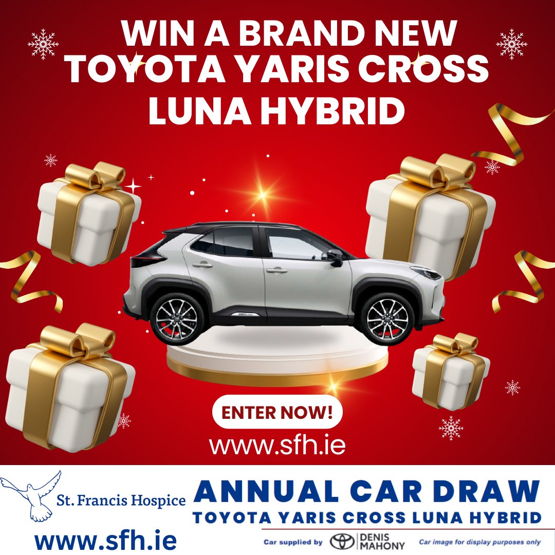 SFHDublin's tweet image. 🎁🚗 Give the gift of a chance to win!

Buy a €10 ticket for our Annual Hospice Car Draw online or at Raheny &amp;amp; Blanchardstown Hospices. Amazing prizes await! 💛

Open to all Ireland residents 18+. T&amp;amp;Cs apply.
#CarDraw #Hospice #CommunitySupport