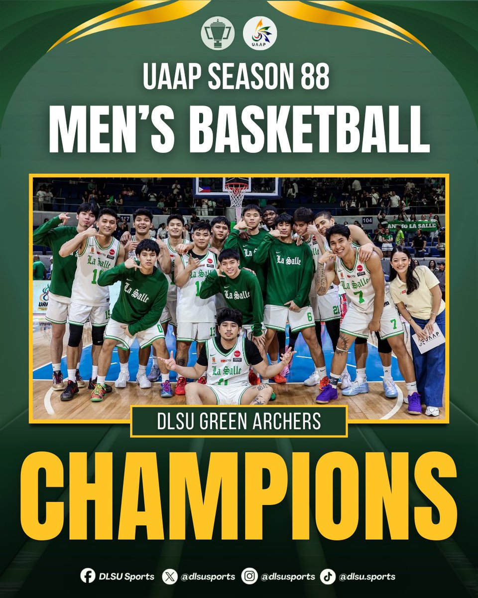 dlsusports's tweet image. THE CHAMPIONS’ FL-AIM ❤️‍🔥🏆

Despite the tough start, the DLSU Green Archers delivered the final shot that sealed an unforgettable #UAAPSeason88 Men’s Basketball Tournament Championship, rising above every challenge to secure the crown back in Taft! 👑