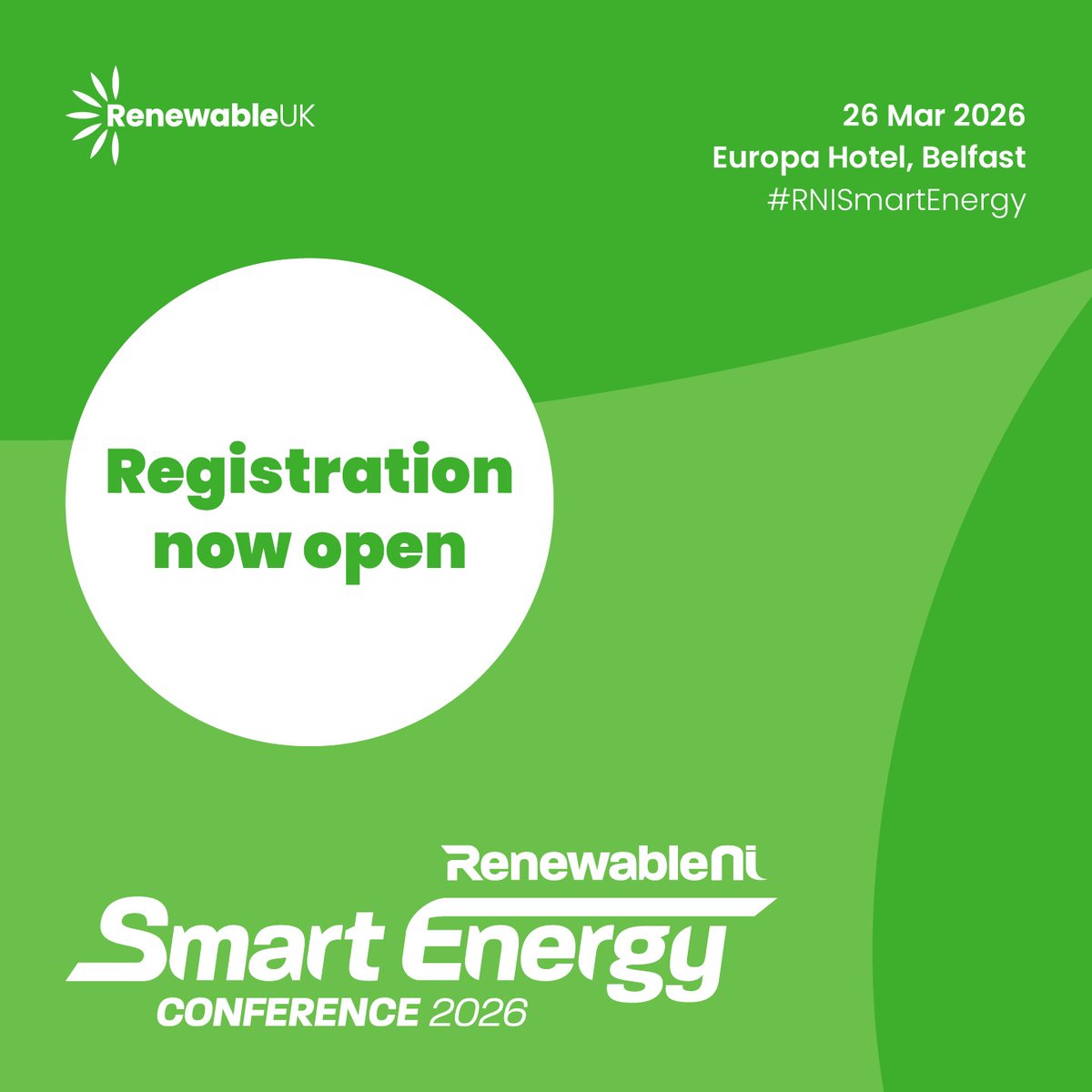 RenewableNI's tweet image. Registration is now open for Smart Energy 2026 ⚡️
📅 26 March | 📍 Europa Hotel, Belfast

NI’s leading renewable energy conference, focusing on offshore wind, supply chains, infrastructure &amp;amp; policy (incl. REPG).

Register here👉 bit.ly/4pm4u3i

#RenewableNI