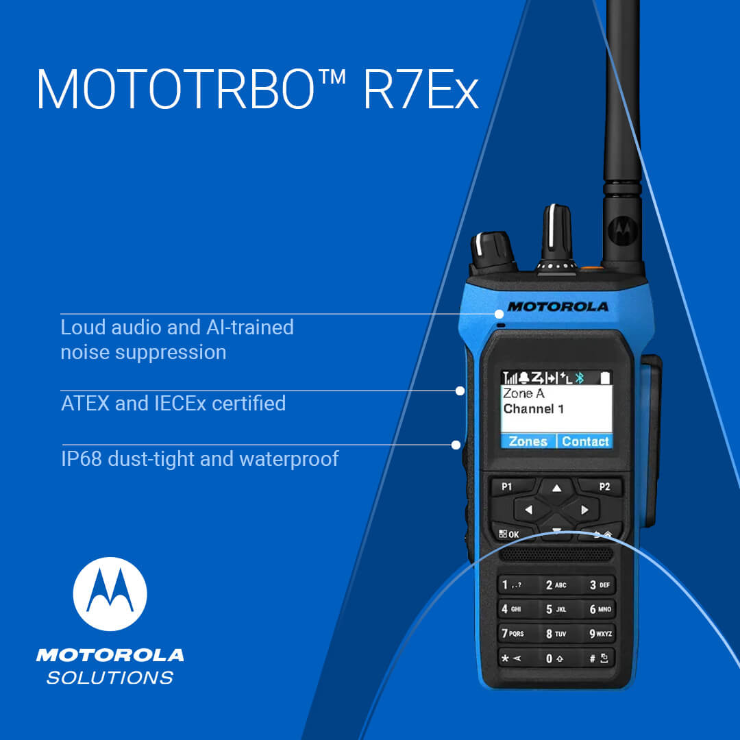 Stay safe and connected in hazardous environments with the MOTOTRBO R7Ex, ATEX and IECEx certified portable two-way radio. Experience loud, clear audio and advanced safety features like Fall Alert and Lone Worker. stwb.co/eespaur