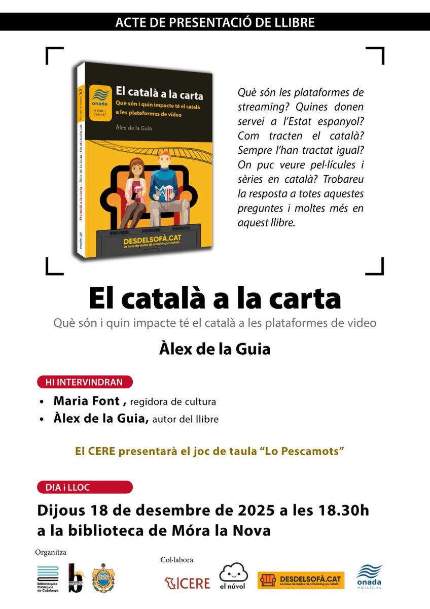 📚 Presentació EL CATALÀ A LA CARTA a MÓRA LA NOVA📖

🗣️ <a href="/MariaFont3/">Maria Font</a> i <a href="/adelaguia_cat/">Àlex de la Guia</a>
📍 Biblioteca de Móra la Nova
🗓️ Dijous 18/12
🕣 18:30 h
📚 <a href="/OnadaEdicions/">Onada Edicions</a>

Després es presentarà el joc de taula "Lo Pescamots" del <a href="/CERE_RIBERA/">CE Ribera d'Ebre</a>