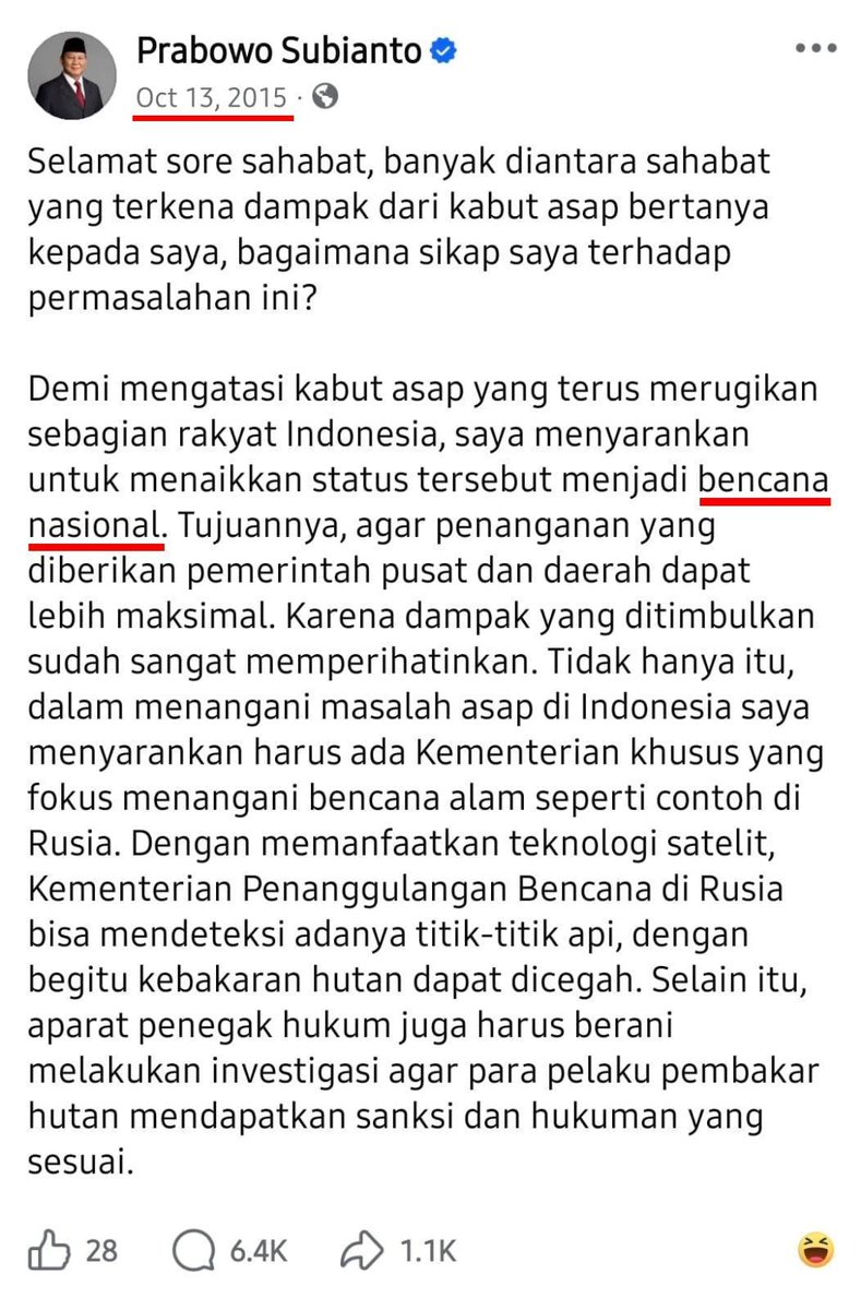 Pak Subi... 
Inget nggak sama masalah kabut asap ini?
Berapa banyak korban jiwa?
Berapa banyak yang kehilangan rumah?
Berapa banyak yang kelaparan berminggu2? 

Itu aja sampeyan ribut minta dijadikan Bencana Nasional.

Apa mau pura2 pikun?
Ait2 jangan sampai pikun beneran...