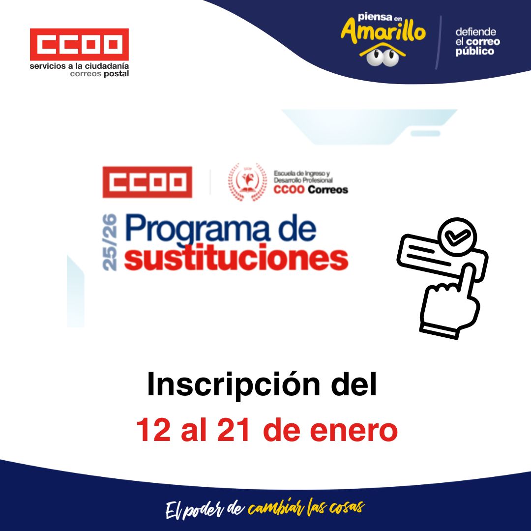 📢 Programa de Sustituciones de Jefaturas 🚀

🙍‍♀️🙎 Ámbitos: Distribución, Negocio Minorista y Centros

🗓️ Inscripción: del 12 al 21 de enero 
🎓 Cursos / idiomas hasta el  31 de marzo

♾ postal.fsc.ccoo.es/noticia:745127…