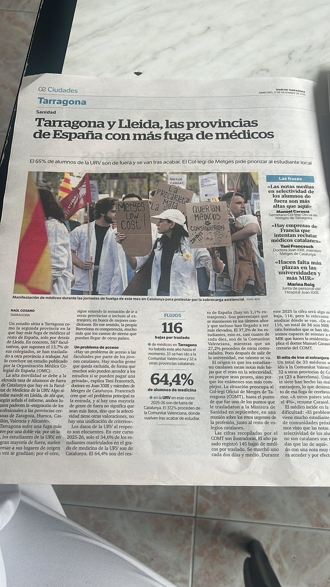 Potser seria el moment de plantejar-nos unes places per cada comunitat autònoma i així fem que els professionals sanitaris formats aquí siguin els que desprès treballin aquí. Fuga de persones / pèrdua de calers. 
Invertir per tenir un retorn! 

Via <a href="/diaritarragona/">Diari de Tarragona</a>