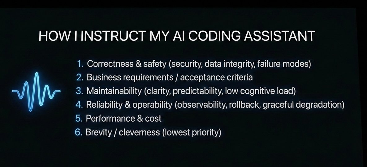 code must be human readable and maintainable, machine execution is not the priority. with the amount of code being generated, it should ensure that humans can review efficiently.

my productivity was boosted >10x with this principle (and an AGENTS.md tailored to