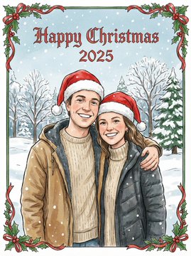 Prompt: a faithfully illustrated Christmas card design featuring the couple in Christmas hats, and t