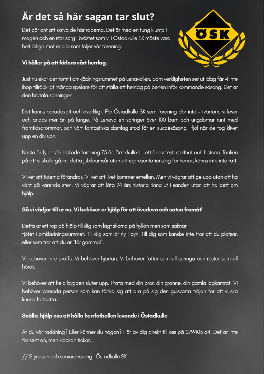Viktig information gällande situationen kring vårt herrlag🚨

Som många säkert redan sett befinner vi oss i en situation där vi nästa säsong inte kan ställa ut ett herrlag på planen. 

Vi ber därför nu er alla om hjälp, vi tänker ge upp utan att gjort allt i vår makt!

Tack! 💛🖤