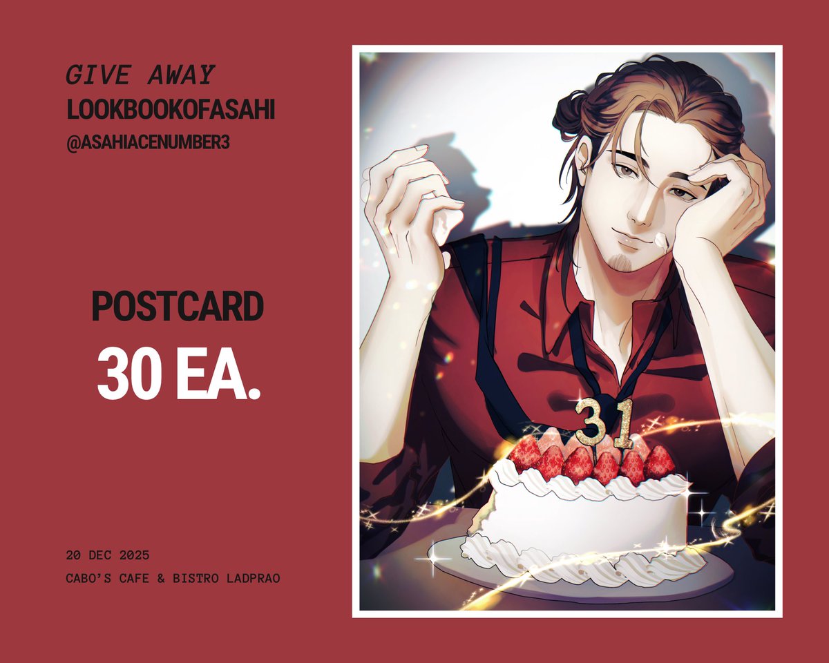 ⠀
𝐆𝐢𝐯𝐞𝐚𝐰𝐚𝐲𝐬 𝐟𝐨𝐫 <a href="/LOOKBOOKOFASAHI/">ASAHI BIRTHDAY PROJECT</a>

@.Cabo_cafe
𝗗𝗔𝗧𝗘 : 𝟐𝟎 𝐃𝐞𝐜 𝟐𝟎𝟐𝟓 
𝗧𝗜𝗠𝗘 : 𝟏𝟎 𝐚𝐦. - 𝟑 𝐩𝐦.

               𝙋𝙤𝙨𝙩𝙘𝙖𝙧𝙙  : 𝟯𝟬 𝙚𝙖.

ทุก ๆ ใบจะถูกเซ็นต์ปากกาด้วยลายมือชื่อของผมนะครับ

✯
⠀