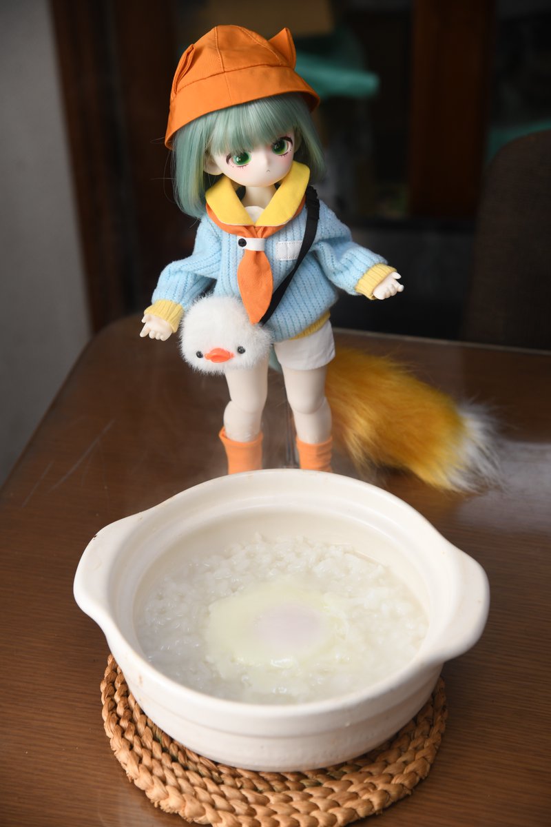 #うちの子かわいい　
夕飯はのこりご飯でおかゆ