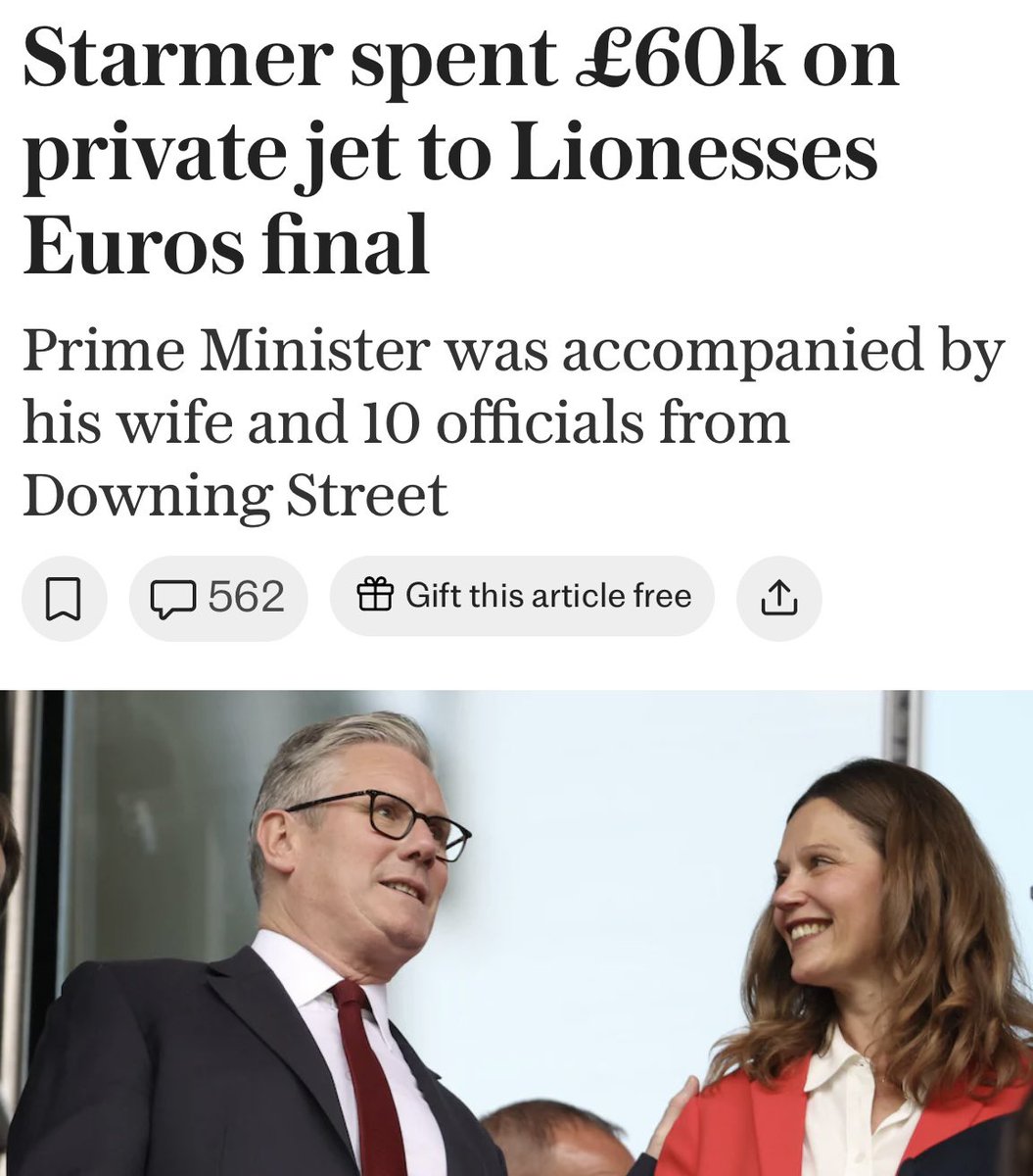 JamesMelville's tweet image. Keir Starmer spent over £60,000 on a private jet trip to watch the Lionesses in the Euros final - including hotels for himself, his wife and 10 officials from Downing Street. He previously pledged to cut down on private jet use. And we paid our taxes for this jolly.