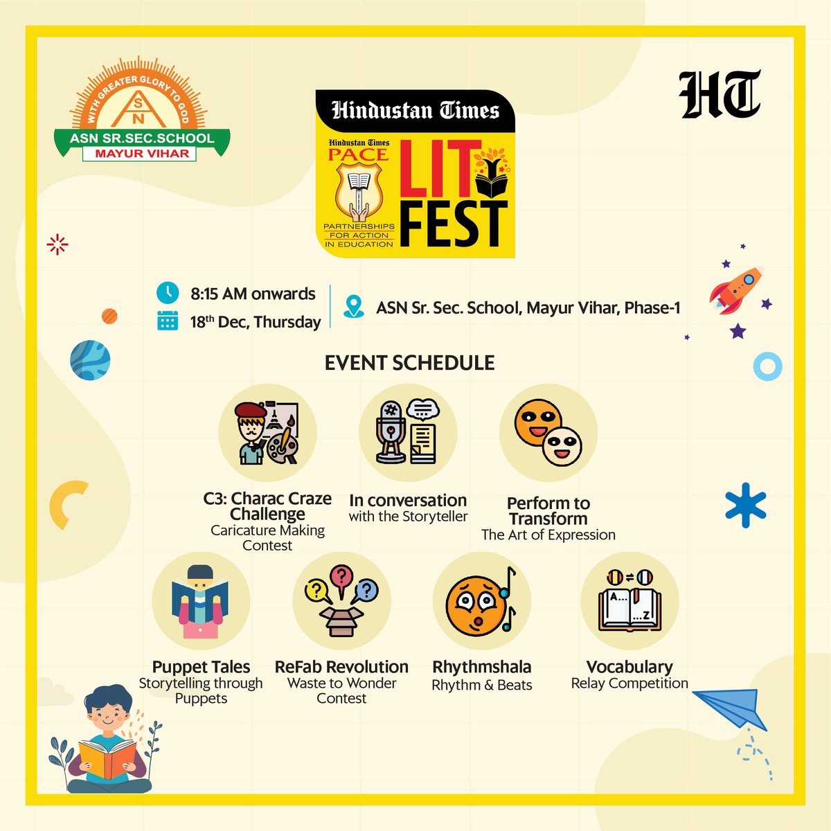 htTweets's tweet photo. #HTLitFest – we gear up for Day 5!
A day of imagination, rhythm, and storytelling awaits — let creativity lead. As part of the third edition of HT LitFest, Hindustan Times continues its celebration of ideas, imagination, and artistic expression.

18th December | 8:15 AM onwards
ASN Sr. Sec. School, Mayur Vihar, Phase-1

Experience:
• Be a part of exciting creative contests like Waste to Wonder, Caricature Making, and Vocabulary Relay
• Engage in inspiring conversations with a master storyteller
• Experience the magic of storytelling brought alive through puppets
• Feel the rhythm and beats as you immerse yourself in Rhythm Shala
•  Transform yourself through the power of performing arts

🔥 Day 5 brings stories, sounds, and young energy - don’t miss it!

#HTLitFest #HindustanTimes #LiteratureFestival | @AsnSenior @seema_wm @VijayKaks