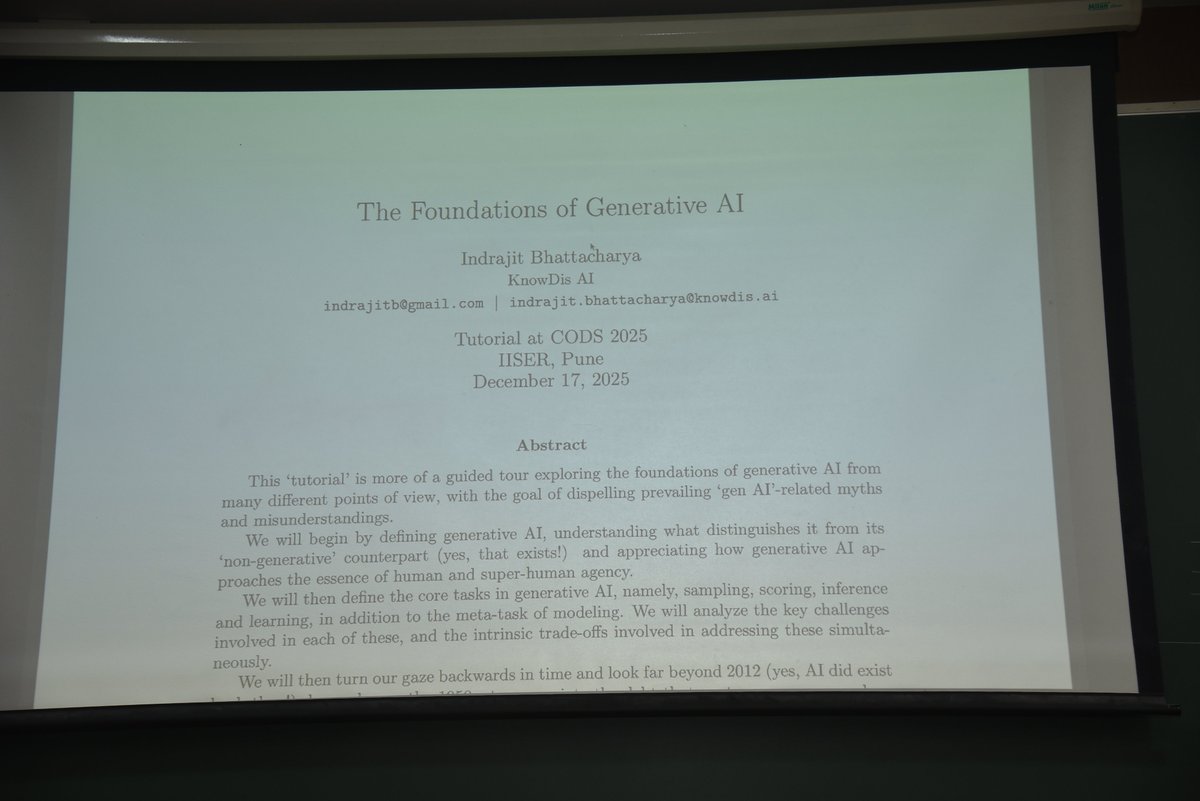 ikddcods's tweet photo. Indrajit Bhattacharya presenting a guided tour of generative AI from first principles - well beyond today’s hype cycles at CODS2025.
#CODS2025 #AI #genAI #buildBig #MachineLearning #generativeSolutions #DataScience #DeepLearning #IISERPune #ResearchCommunity https://t.co/FUAoashpPK