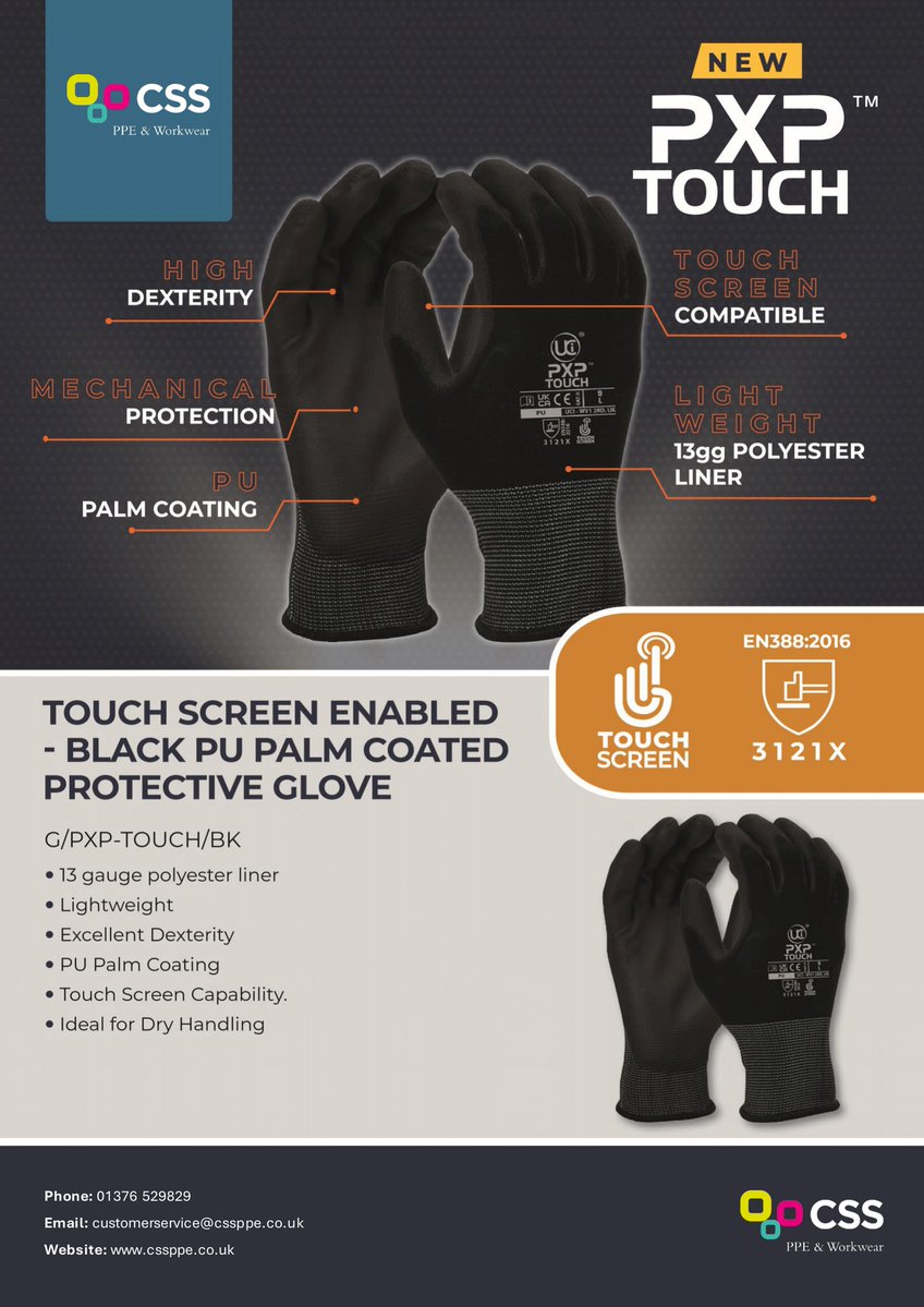 𝐍𝐨𝐰 𝐀𝐯𝐚𝐢𝐥𝐚𝐛𝐥𝐞 🚨

Grab a pair of the new PXP Touch Protective Gloves which are now in stock and available at CSS PPE &amp; Workwear 👇

To find out more, please contact our team today...
☎️ 01376 529829
📧 customerservice@cssppe.co.uk
🌐 cssppe.co.uk