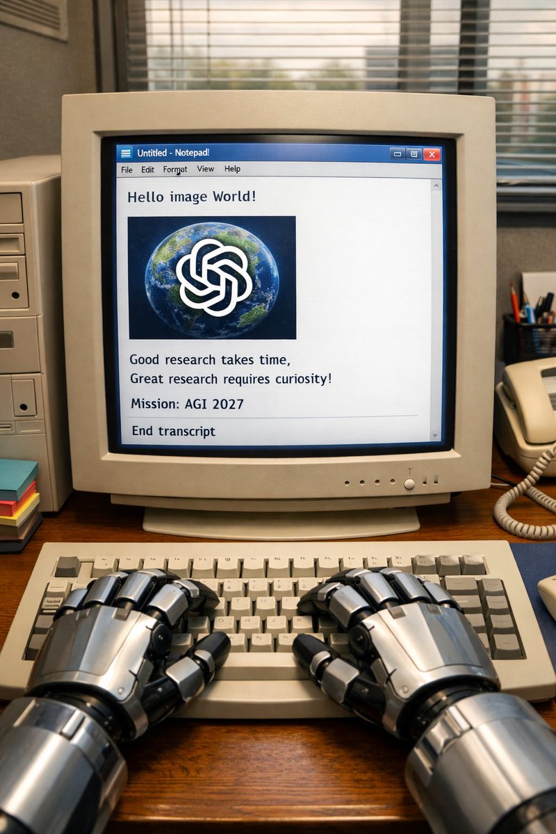 SirMrMeowmeow's tweet image. "please generate an image of robots pov typing at an old school computer era 2000's, (the robots hands are in view on the keyboard.  The view is of a window's notepad that has in view "Hello image World!
*image png of a globe with the OpenAI bloom gryo blossom over it*
Good…